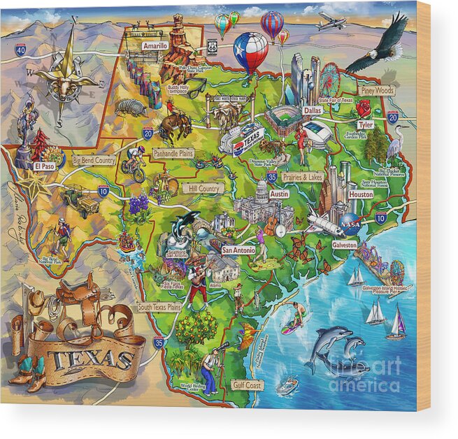 Texas Wood Print featuring the painting Texas Illustrated Map by Maria Rabinky