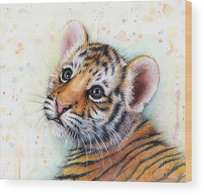 Tiger Wood Print featuring the painting Tiger Cub Watercolor Art by Olga Shvartsur