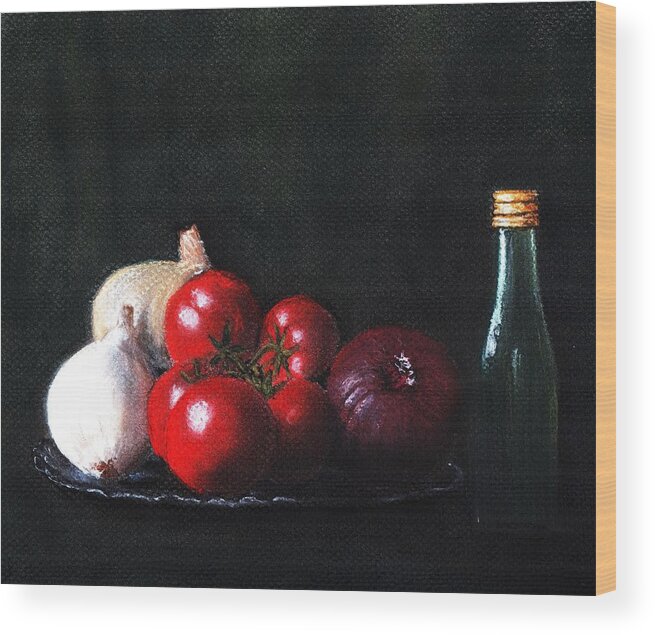 Dish Wood Print featuring the painting Tomatoes and Onions by Anastasiya Malakhova