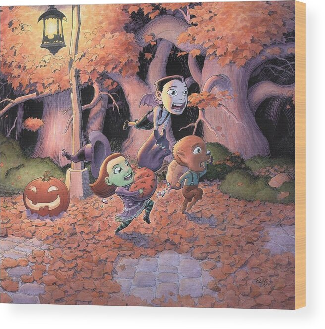 Halloween Wood Print featuring the painting Trick or Treat by Richard Moore
