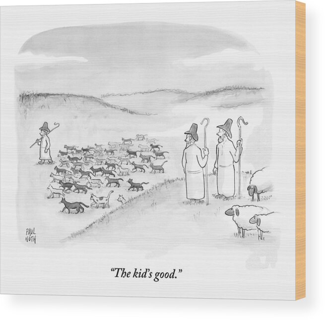 Sheep Wood Print featuring the drawing Two Shepherds With Conventional Sheep Look by Paul Noth