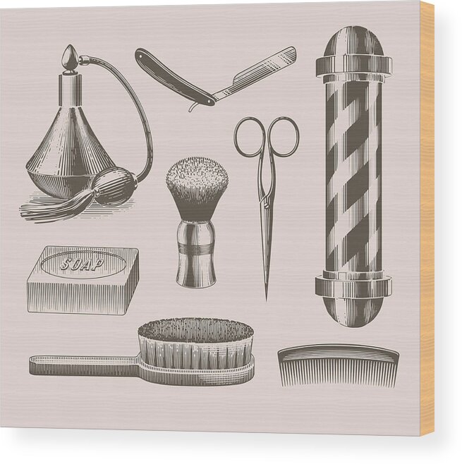 English Culture Wood Print featuring the digital art Vintage Barbershop Objects by Darumo