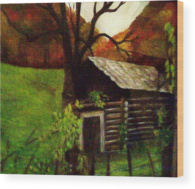 Cabin Wood Print featuring the painting Cabin by a Hillside by Christy Saunders Church