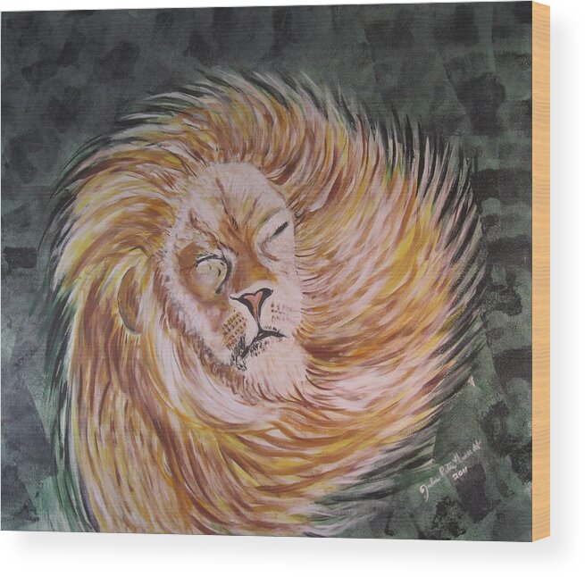 Lion Nature Animal Wildlife King Shaking Wet Motion Wood Print featuring the painting Shake It Off by Julia Rita Theriault