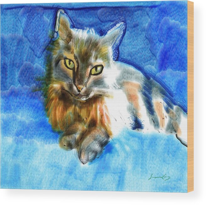 Digital Watercolor Wood Print featuring the painting Tara the Cat by Suzanne Giuriati Cerny