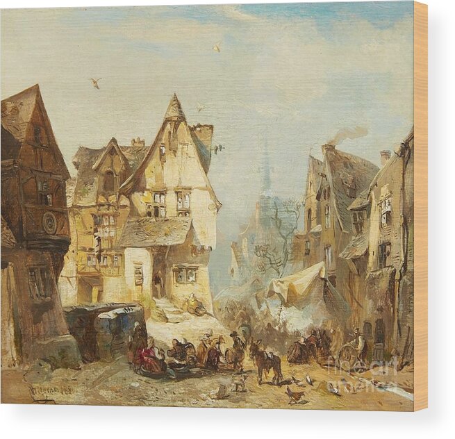 Carl Hilgers Wood Print featuring the painting The Village Square by MotionAge Designs