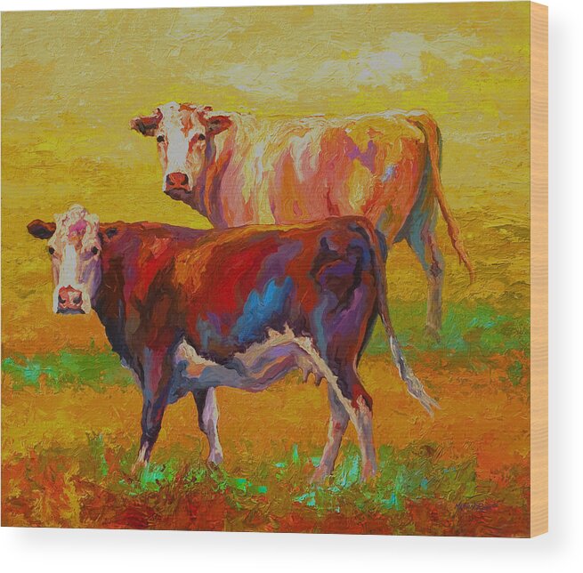 Cows Wood Print featuring the painting Two Cows #1 by Marion Rose