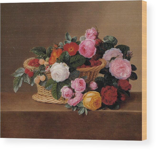 Basket Of Roses Wood Print featuring the painting Basket of Roses by johan Laurentz