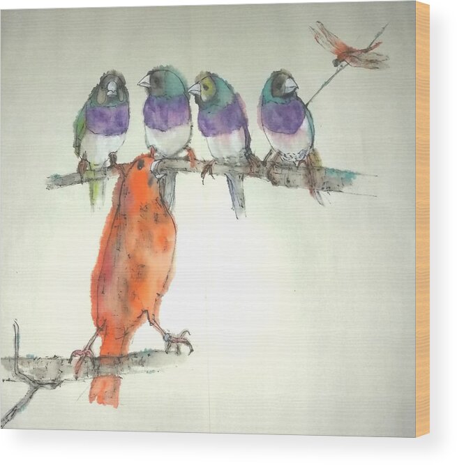 Birds. Finch. Canary. Red. Singer Wood Print featuring the painting Birds Birds Birds Album by Debbi Saccomanno Chan