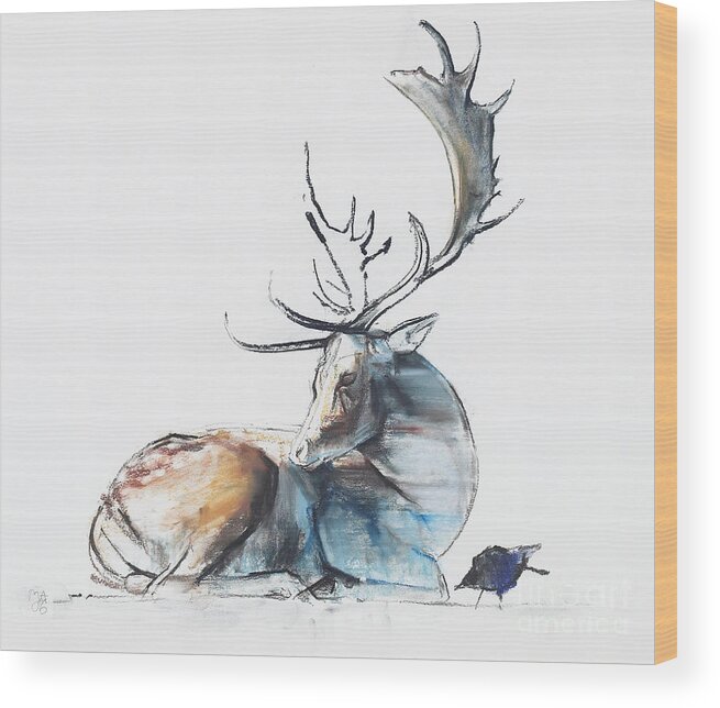 Wildlife Wood Print featuring the painting Buck and Bird by Mark Adlington