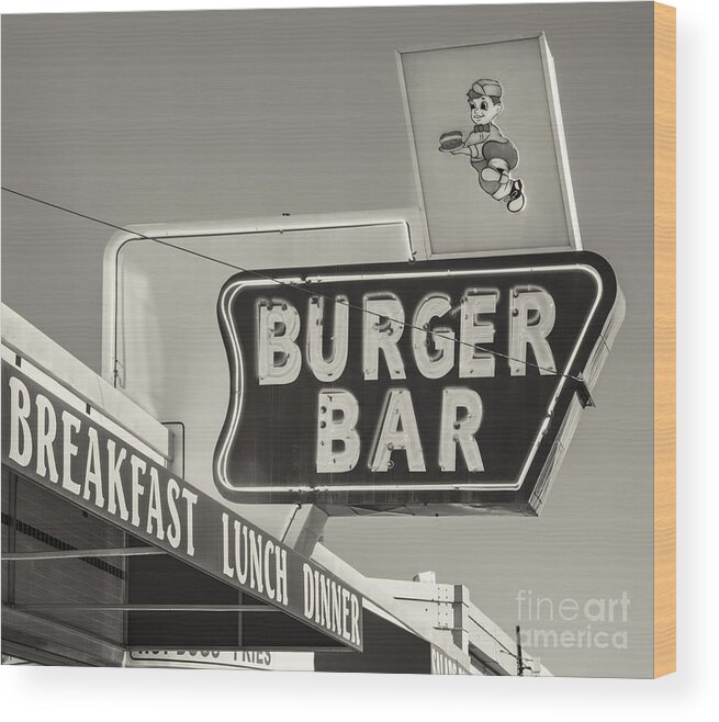 Antique Wood Print featuring the photograph Burger Bar bw by Jerry Fornarotto