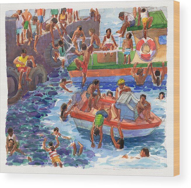 Rarotonga Wood Print featuring the painting Children playing at Avarua Wharf by Judith Kunzle