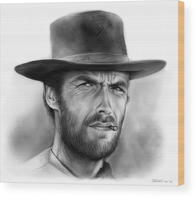 Clint Eastwood Wood Print featuring the drawing Clint by Greg Joens