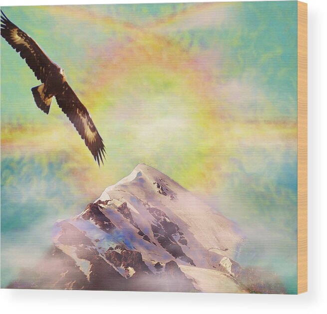 Eagle Wood Print featuring the painting Eagle and Fire Rainbow Over Mt Tetnuldi Caucasus by Anastasia Savage Ealy