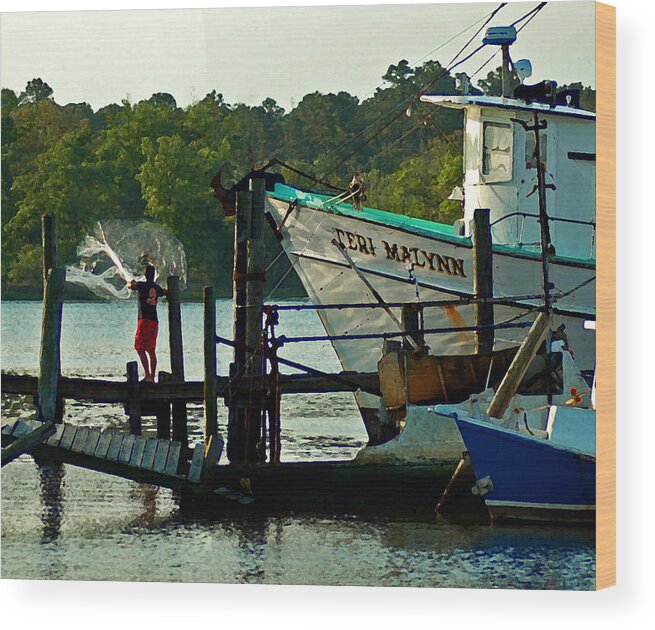 Shrimp Boat Wood Print featuring the painting Early Morning Net Toss by Michael Thomas