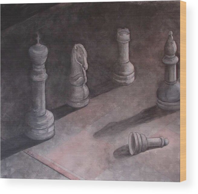 Chess Piece Wood Print featuring the painting Fallen Chessman by Sandy Clift