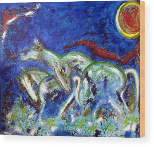 Horse Wood Print featuring the painting Green Horses by Narayanan Ramachandran