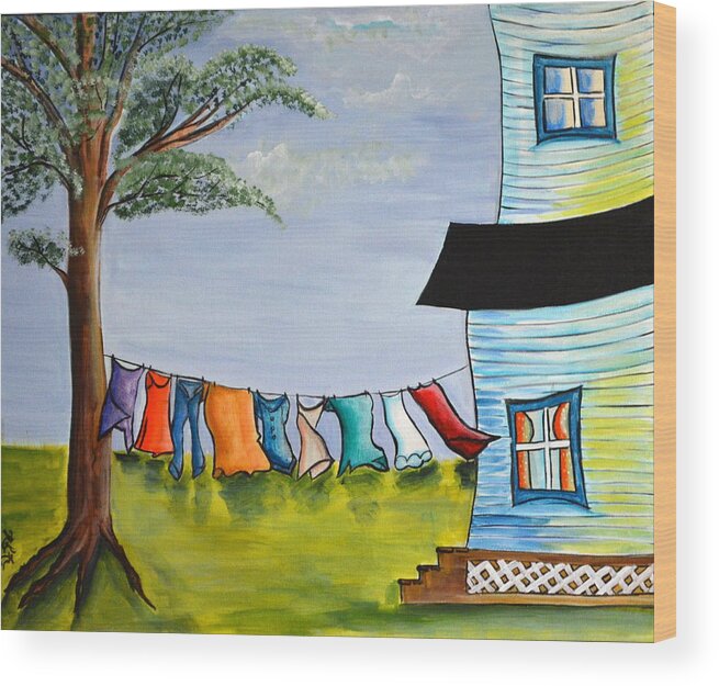 A Summer's Evening And The Wash Is Waiting To Be Taken Down Of The Clothes Line. Wood Print featuring the painting Hangin by Heather Lovat-Fraser