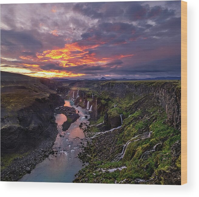 Iceland Wood Print featuring the photograph Sunrise explodes at Hrauneyjafoss by Usha Peddamatham