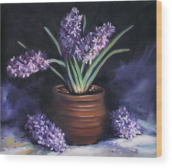 Flowers Wood Print featuring the painting Hyacinths in a Pot by Nancy Griswold