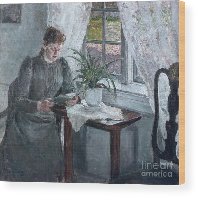 Signe Scheel Wood Print featuring the painting Interior with reading woman by Signe Scheel