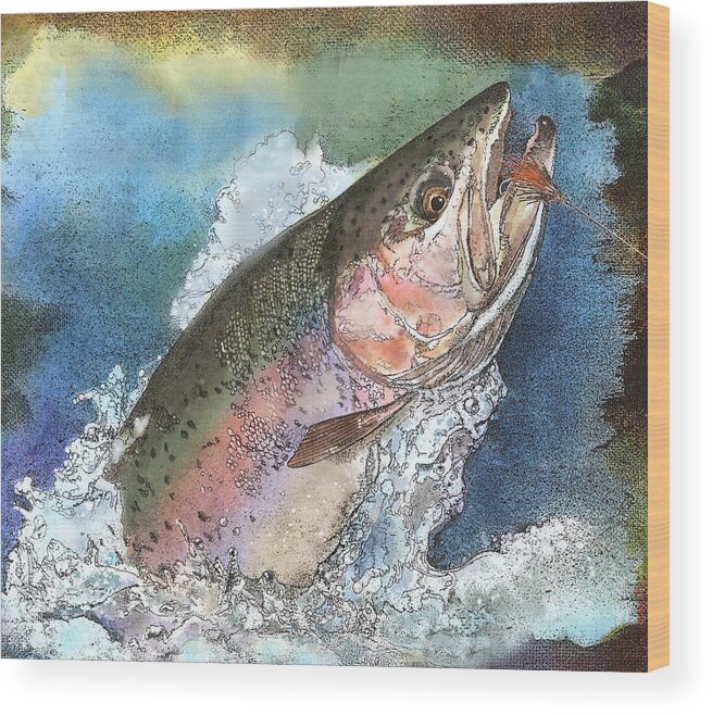 Fishing Wood Print featuring the painting Leaping Rainbow Trout by John Dyess