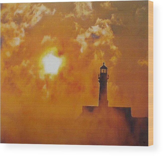 Lighthouse Wood Print featuring the painting Lighthouse in Mist by Cara Frafjord