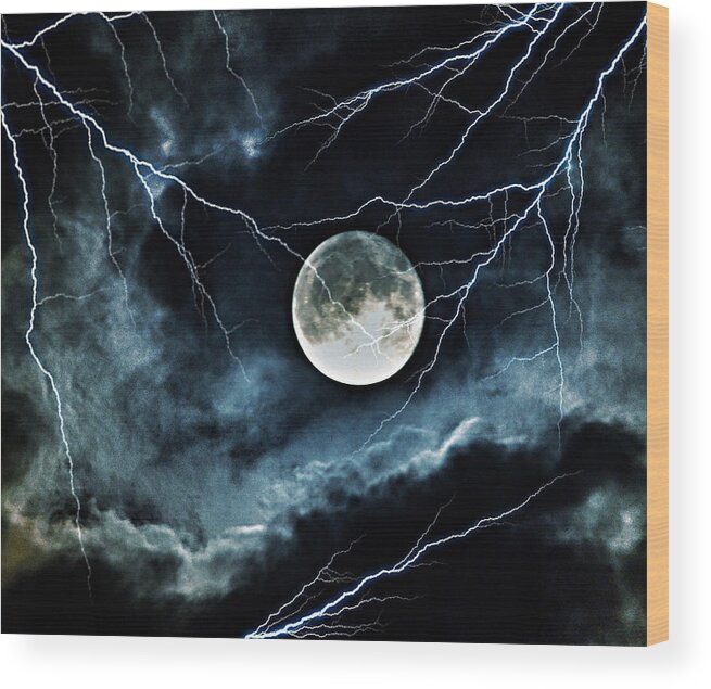 Lightning Sky At Full Moon Wood Print featuring the photograph Lightning Sky at Full Moon by Marianna Mills