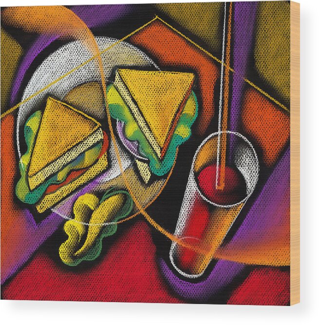 Bowl Close Up Color Image Concept Convenience Dinner Food And Drink Fork Grape Hamburger Illustration Illustration And Painting Lunch Macaroni Macaroni And Cheese Nobody Sandwich Square Image Still Life Variety Assortment Bread Close-up Color Colour Cutlery Drawing Food Fruit Ground Beef Meal Mince Pasta Square Still-life Abstract Painting Decorative Art Wood Print featuring the painting Lunch by Leon Zernitsky