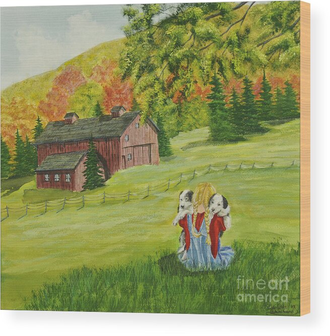 Country Kids Art Wood Print featuring the painting Puppy Love by Charlotte Blanchard