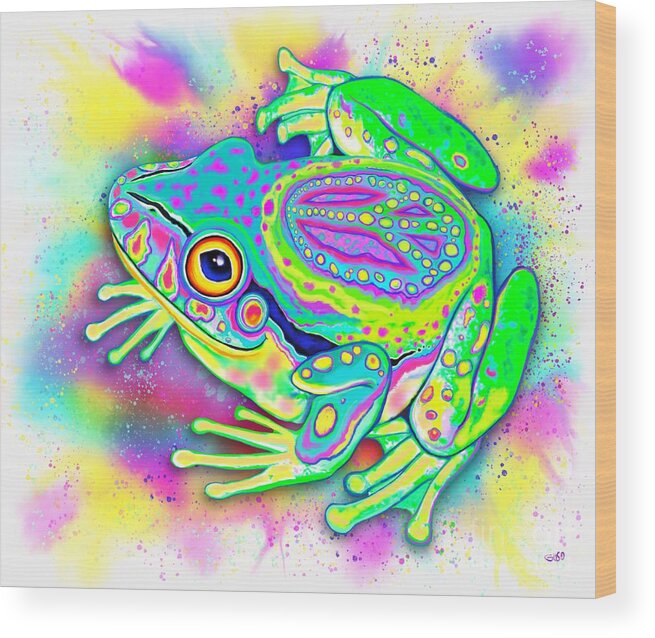 Frog Wood Print featuring the digital art Rainbow Color Peace Frog by Nick Gustafson