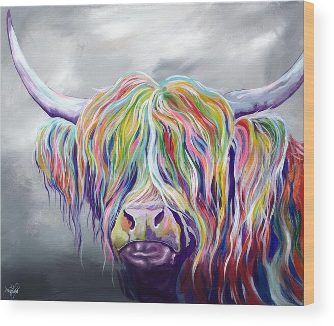 Highland Cow Coo Scotland Scottish Cattle Farm Bright Modern Animal Hebrides Wood Print featuring the painting Rainbow Coo by Aaron De la Haye