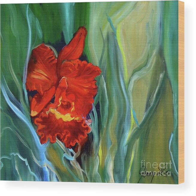 Red Orchid Wood Print featuring the painting Red Jungle Orchid by Jenny Lee