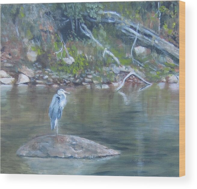 Blue Heron Wood Print featuring the painting Rock Star by Paula Pagliughi