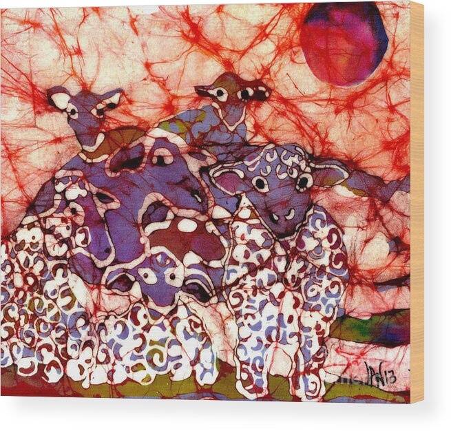 Sheep Wood Print featuring the tapestry - textile Sheep at Sunset by Carol Law Conklin
