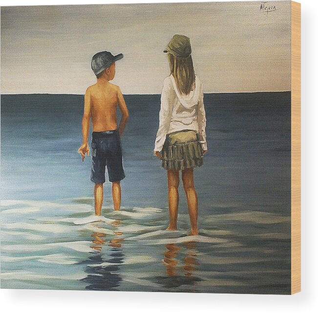 Seascape Kid Child Girl Boy Reflection Water Sea Ocean Beach Wood Print featuring the painting Sister And Brother by Natalia Tejera