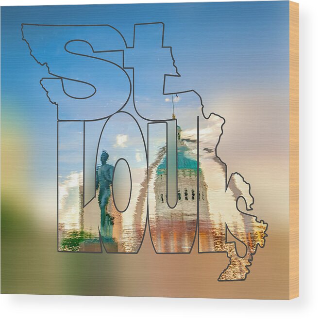 Missouri Art Wood Print featuring the photograph St. Louis Missouri Typography Blur Artwork - Reflecting the Lou - State Shape Series by Gregory Ballos