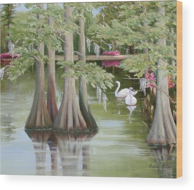 Swans In Small Lake Wood Print featuring the painting Swan Lake by Audrey McLeod