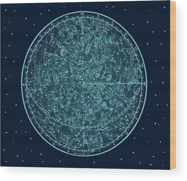 Vintage Zodiac Map Wood Print featuring the digital art Vintage Zodiac Map - Teal Blue by Marianna Mills