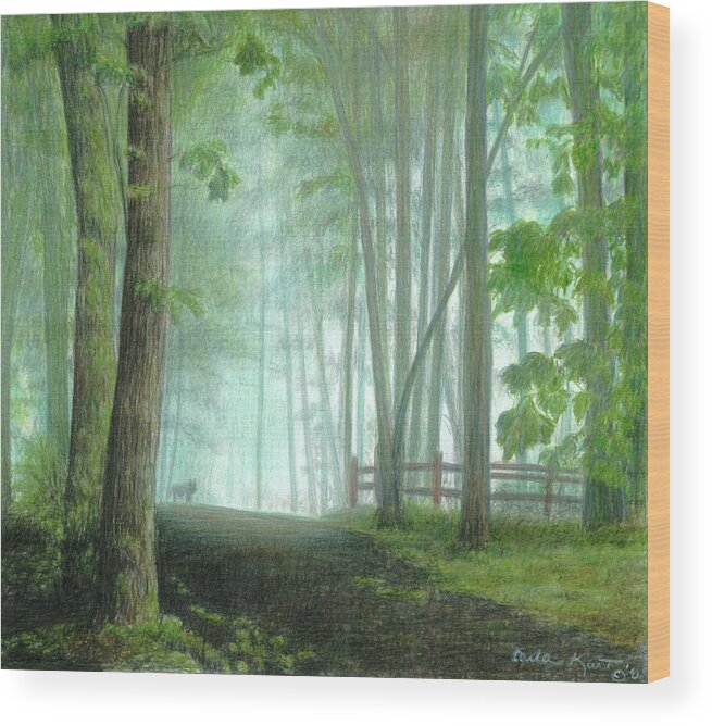 Misty Morning Visitor Wood Print featuring the painting Misty Morning Visitor #1 by Carla Kurt