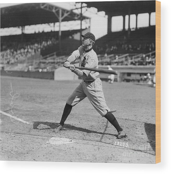 Baseball Cap Wood Print featuring the photograph Ty Cobb Batting #1 by Bettmann