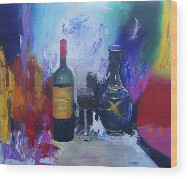Still Life Wood Print featuring the painting   A bottle of Roscato wine. by Samuel Daffa