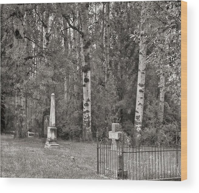 Cataldo Idaho Wood Print featuring the photograph Cemetery at Cataldo Mission BW by Cathy Anderson