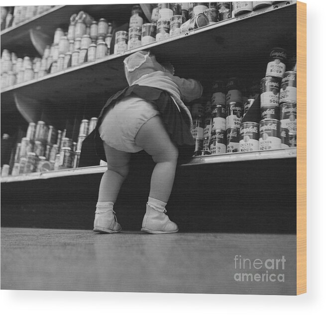 Toddler Wood Print featuring the photograph Child Grabbing Cans From Shelf by Bettmann