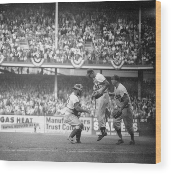 American League Baseball Wood Print featuring the photograph Clem Labine Center Is The Happiest Man by New York Daily News Archive