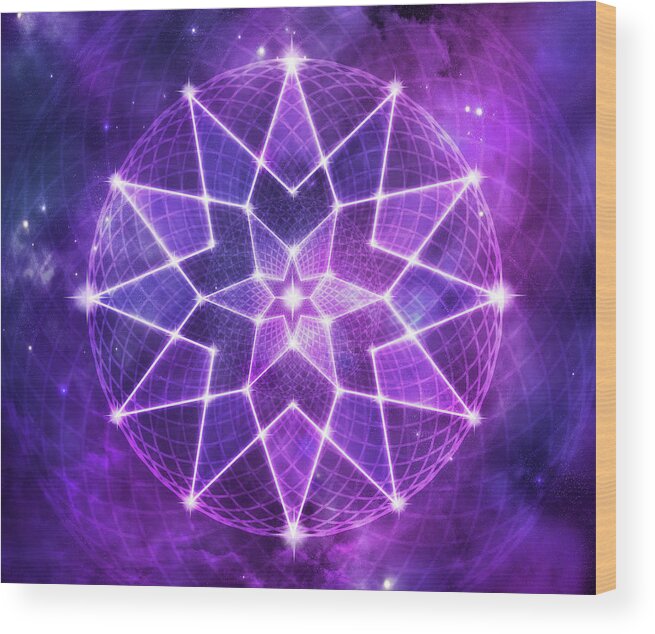 Seed Of Life Wood Print featuring the digital art Cosmic Purple Geometric Seed of Life Crystal Lotus Star Mandala by Laura Ostrowski