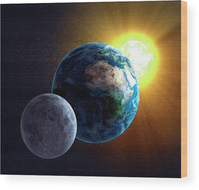 Solar System Wood Print featuring the digital art Earth, Moon And Sun, Artwork by Science Photo Library - Andrzej Wojcicki
