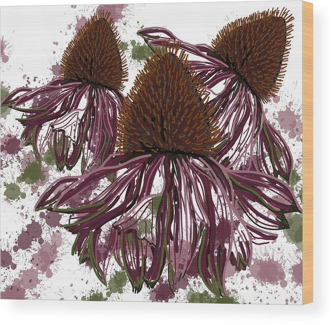 Modern Abstract Wood Print featuring the drawing Echinacea Flowers Line by Joan Stratton