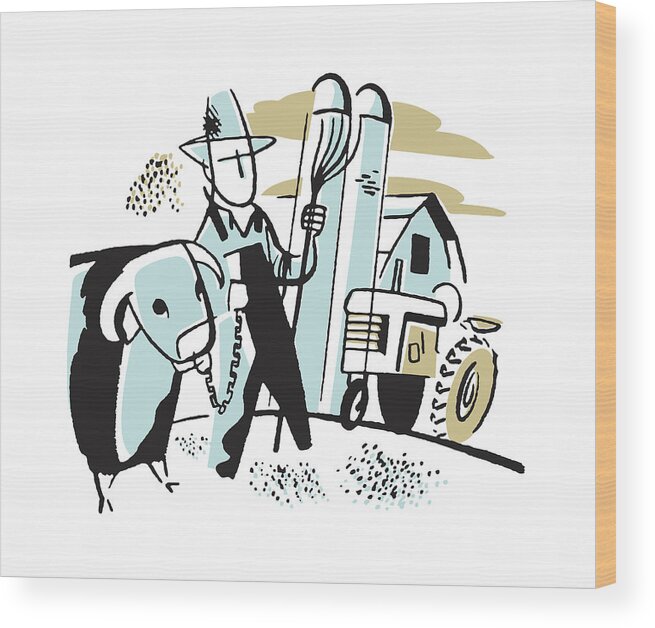 Agriculture Wood Print featuring the drawing Farm Scene with Farmer Cow Tractor Silo and Barn by CSA Images