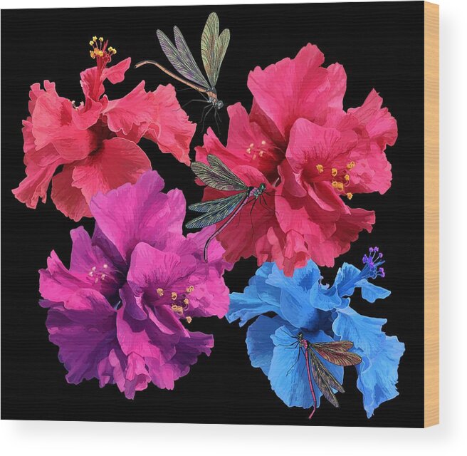 Hibiscus Wood Print featuring the drawing Hibiscus Dragonfly by Joan Stratton